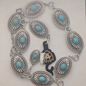 ARIAT Concho Southwestern Style Silver Tone Faux Turquoise Belt